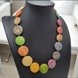 Leju Handmade Necklace Vegan Vegetable Ivory Engraved Bird 18" Earth-Tone Round